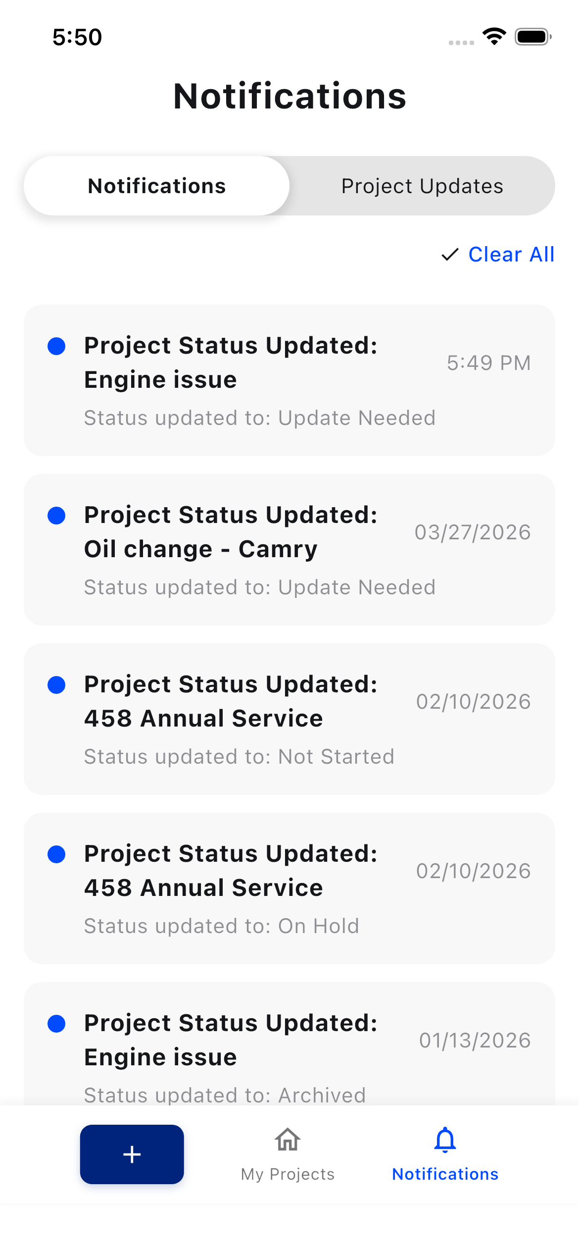 ATLO notifications screen showing project status updates
