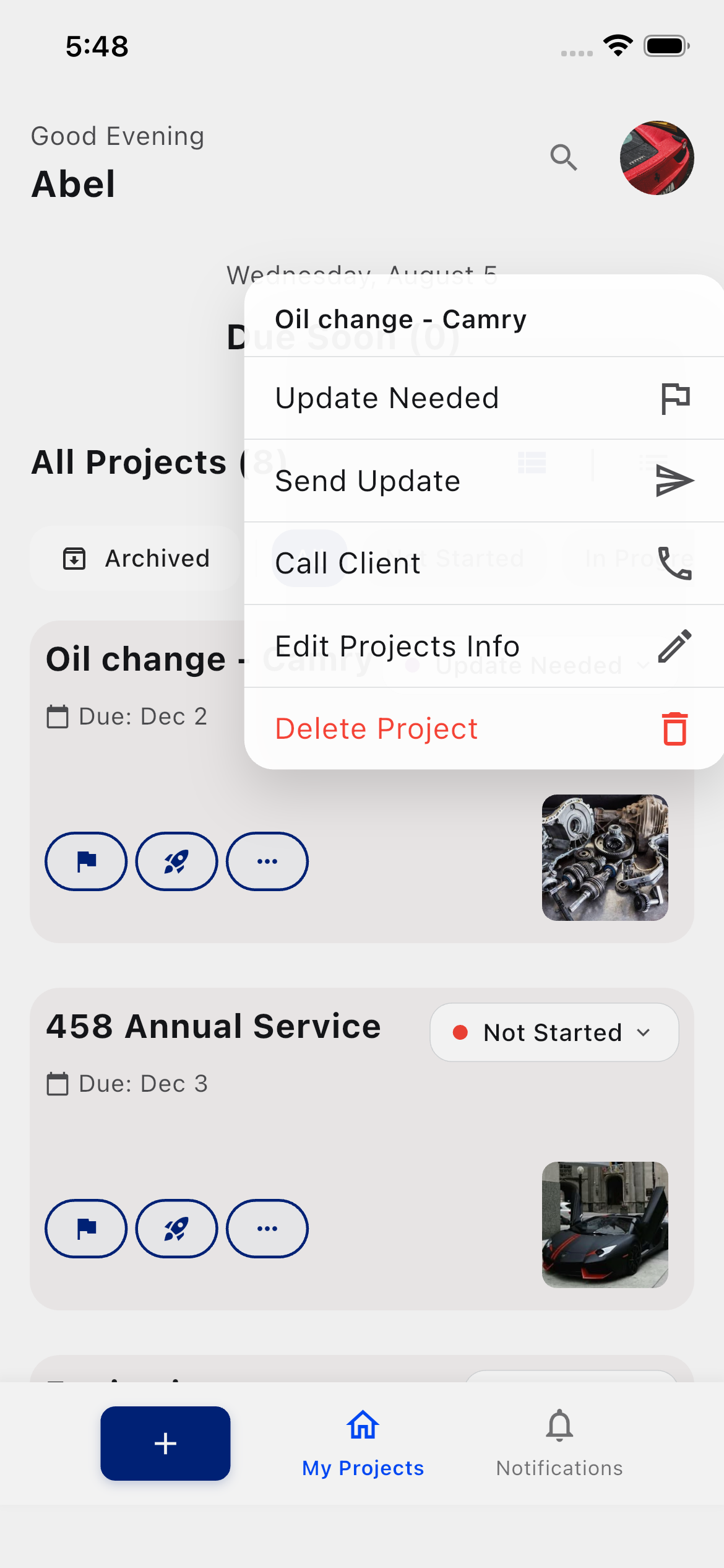 ATLO project menu showing update, call, edit, and delete actions