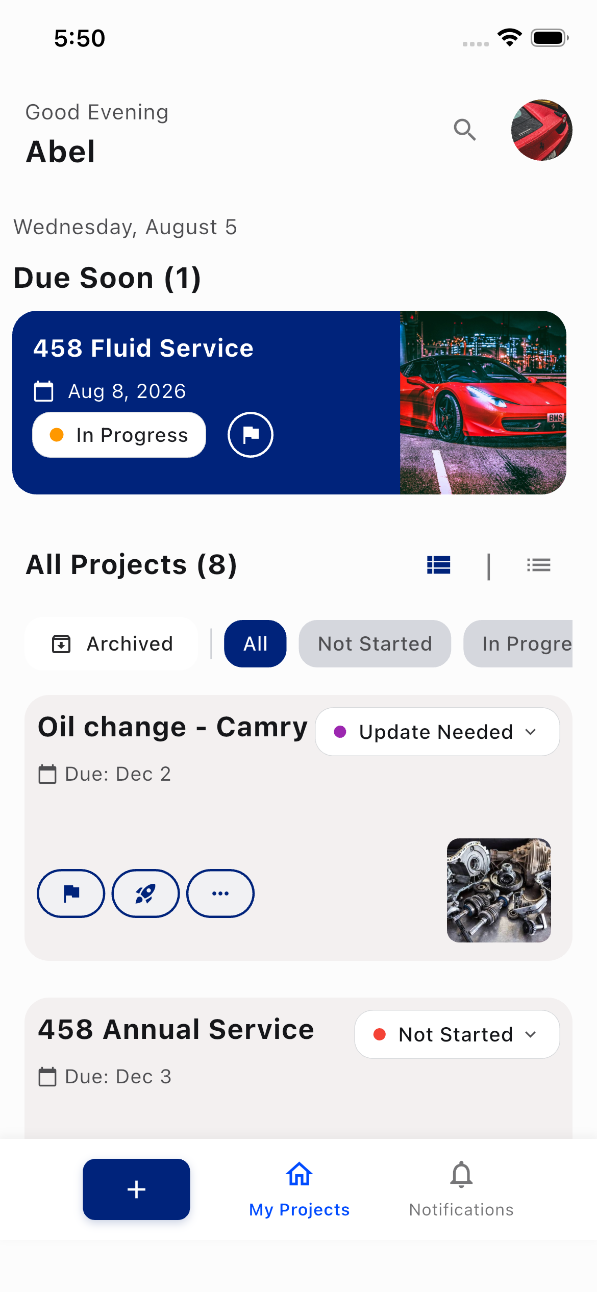 ATLO projects screen showing due soon jobs and all projects