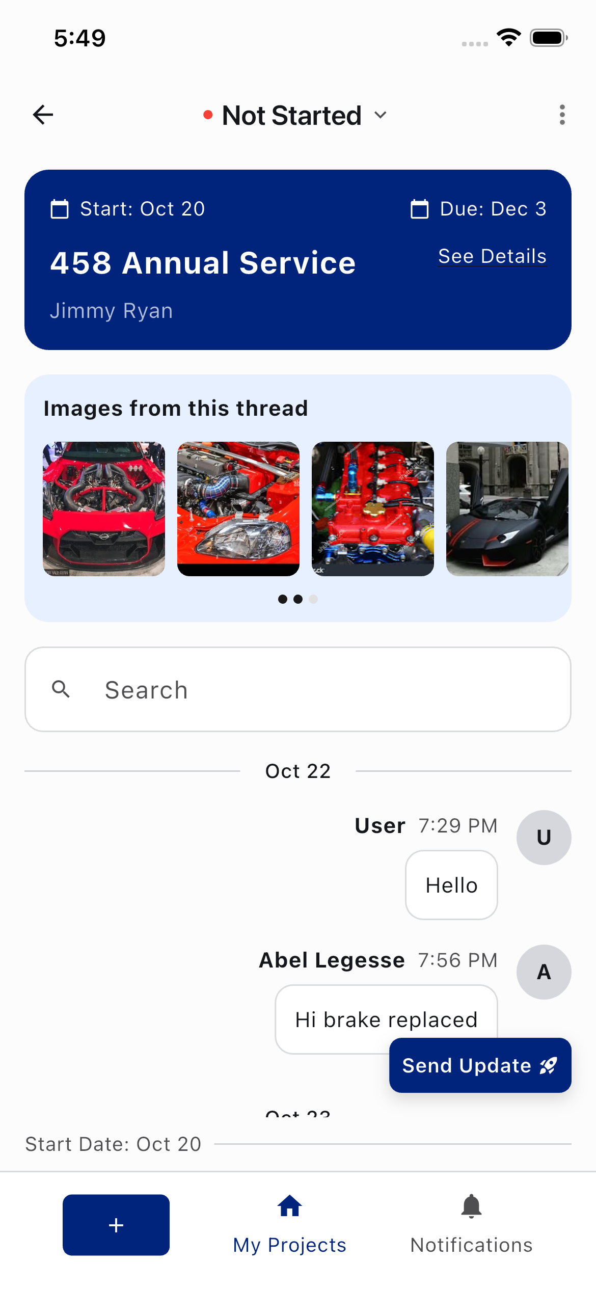 ATLO project thread showing image gallery and message history