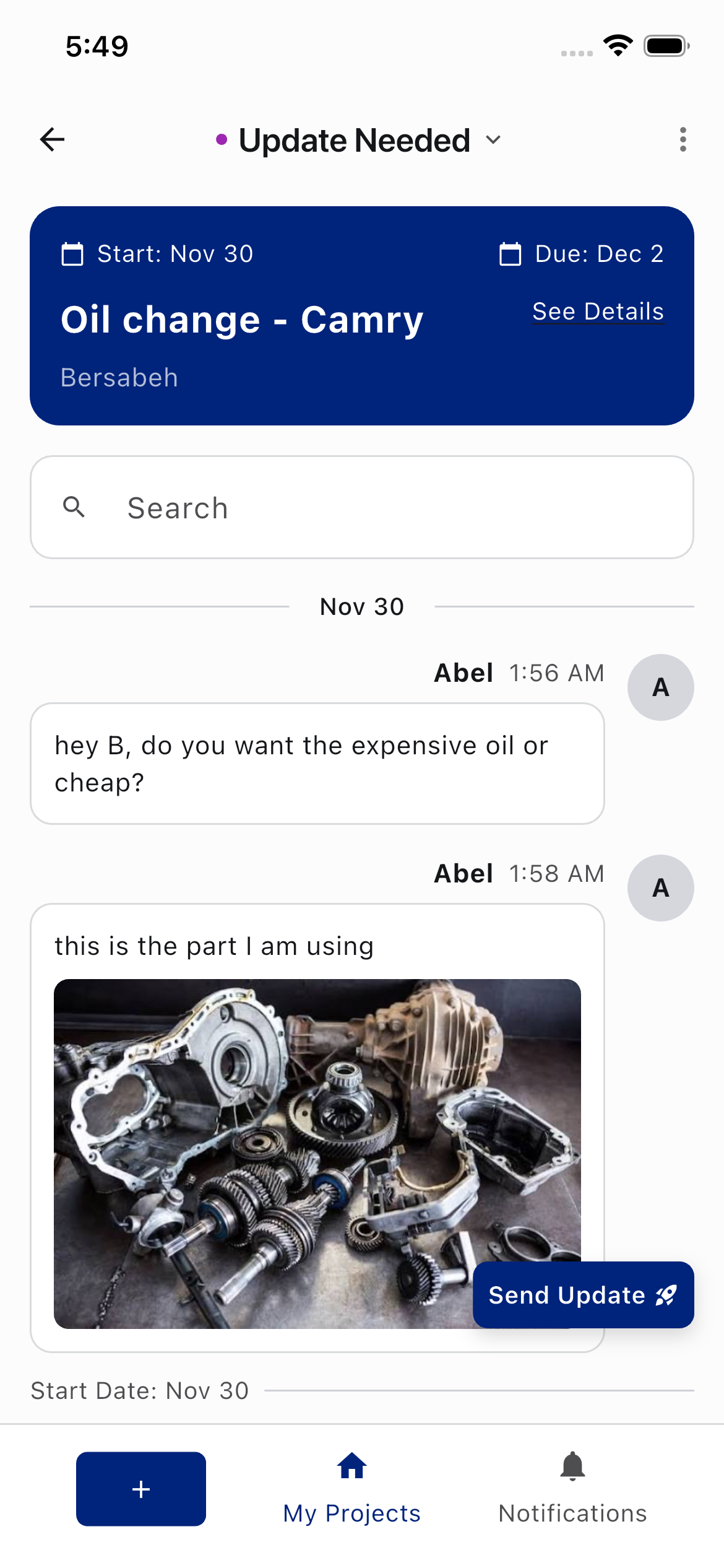 ATLO project thread with messages, photos, and send update action
